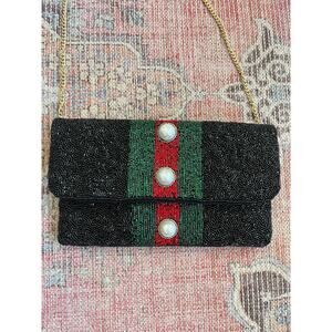 Lisa Stripe Pearl Beaded Clutch